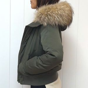 THEORY olive green down puffer jacket with lined fur hood